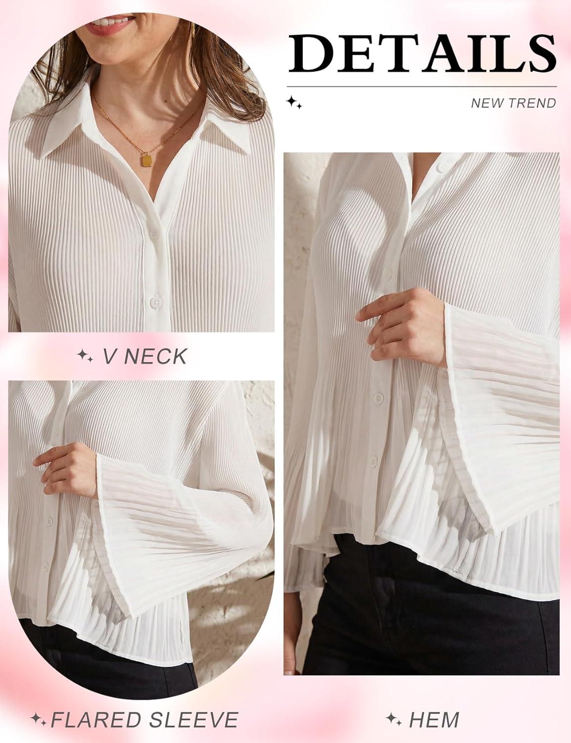 image:imageArssm Women Sheer Button Up Blouse Long Sleeve Mesh Pleated Blouse Tops See Through ShirtsWhite