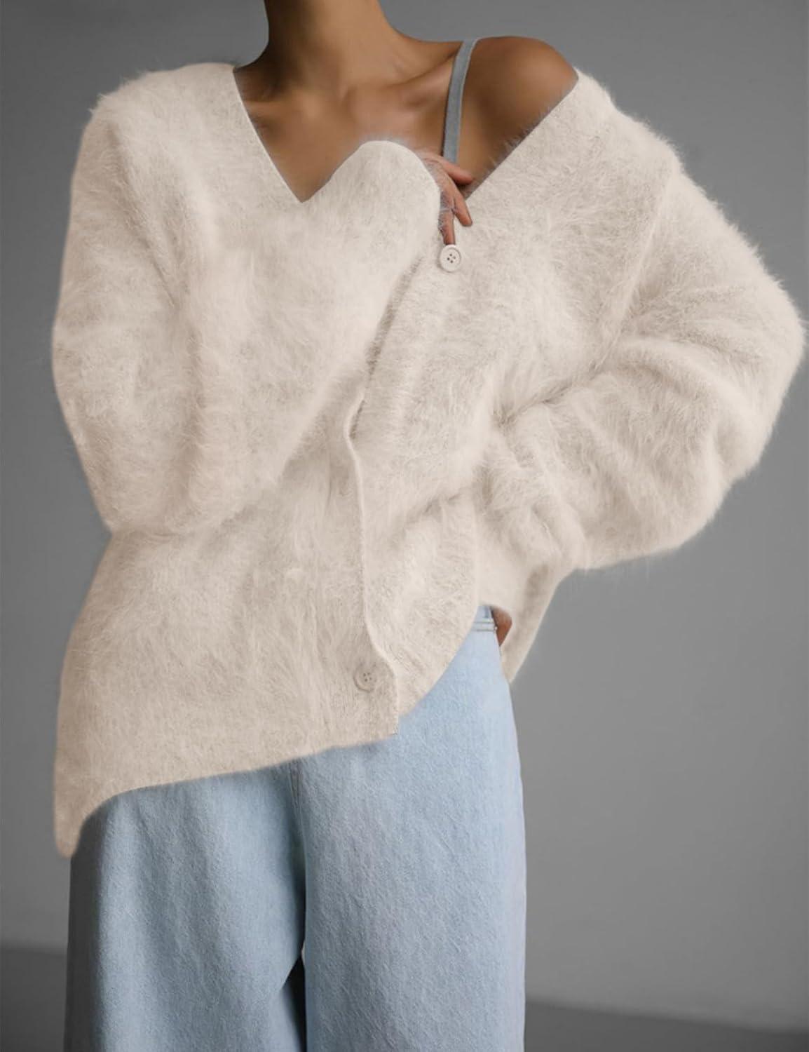 image:imageArssm Womens Fuzzy Cardigan Sweater V Neck Cardigans Button Down Fluffy Knit Top Fashion 2026 KnitwearBeige