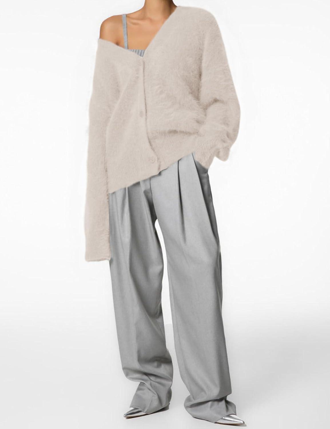 image:imageArssm Womens Fuzzy Cardigan Sweater V Neck Cardigans Button Down Fluffy Knit Top Fashion 2026 KnitwearBeige
