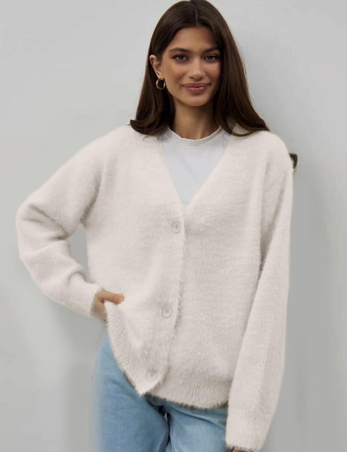 image:imageArssm Womens Fuzzy Cardigan Sweater V Neck Cardigans Button Down Fluffy Knit Top Fashion 2026 KnitwearBeige