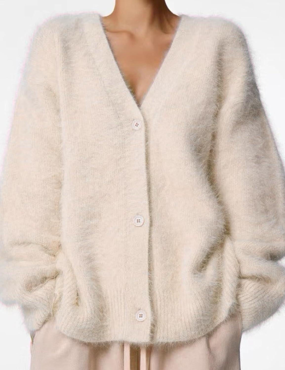 image:imageArssm Womens Fuzzy Cardigan Sweater V Neck Cardigans Button Down Fluffy Knit Top Fashion 2026 KnitwearBeige