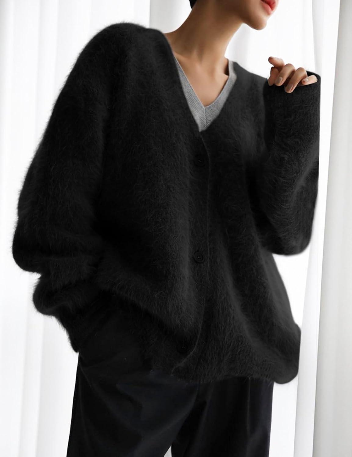 image:imageArssm Womens Fuzzy Cardigan Sweater V Neck Cardigans Button Down Fluffy Knit Top Fashion 2026 KnitwearBlack