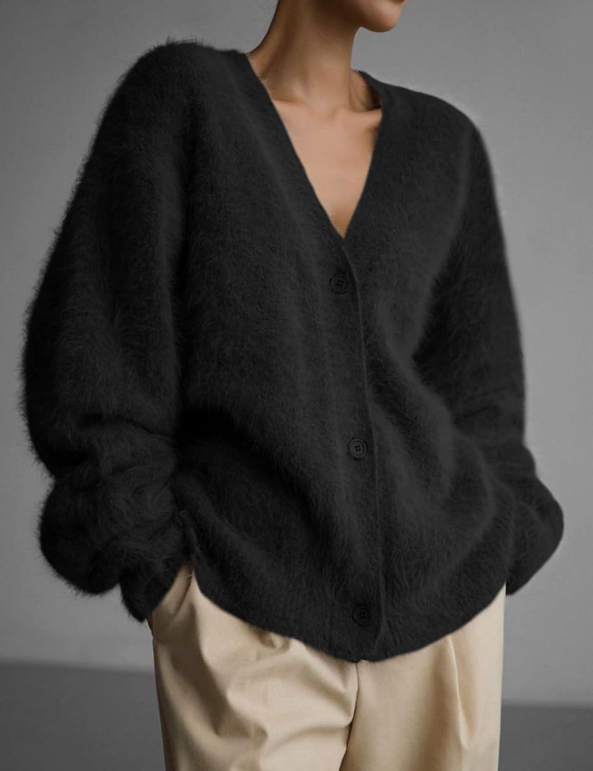 image:imageArssm Womens Fuzzy Cardigan Sweater V Neck Cardigans Button Down Fluffy Knit Top Fashion 2026 KnitwearBlack