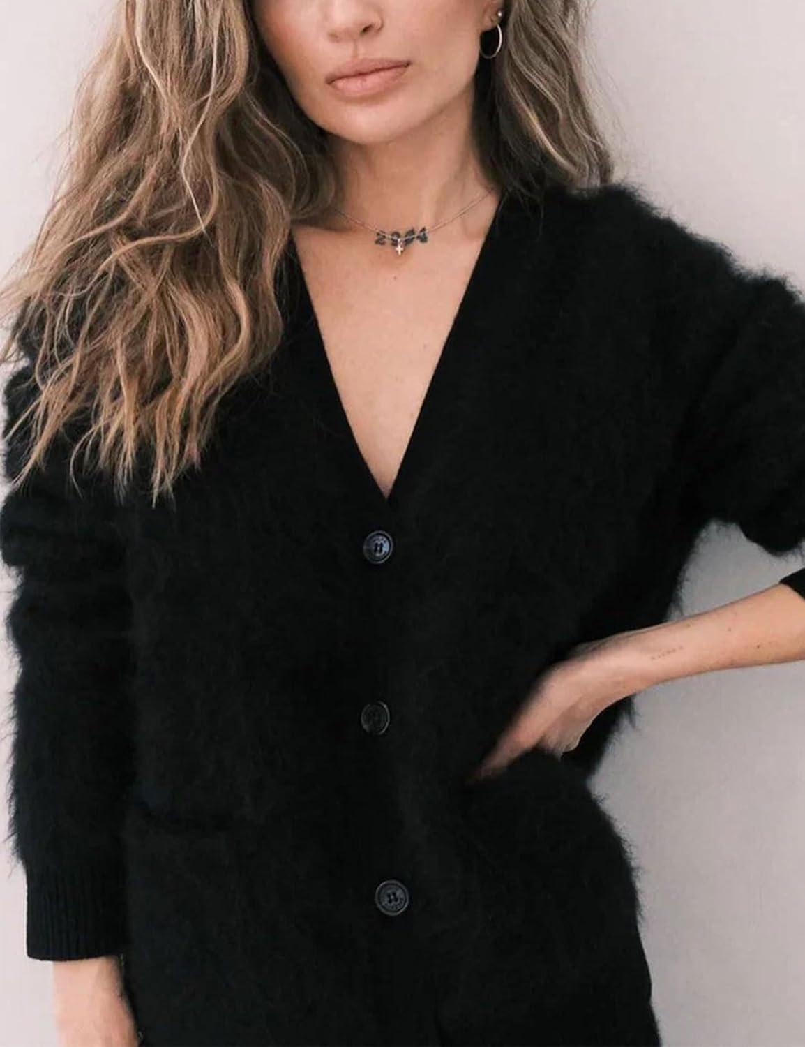 image:imageArssm Womens Fuzzy Cardigan Sweater V Neck Cardigans Button Down Fluffy Knit Top Fashion 2026 KnitwearBlack
