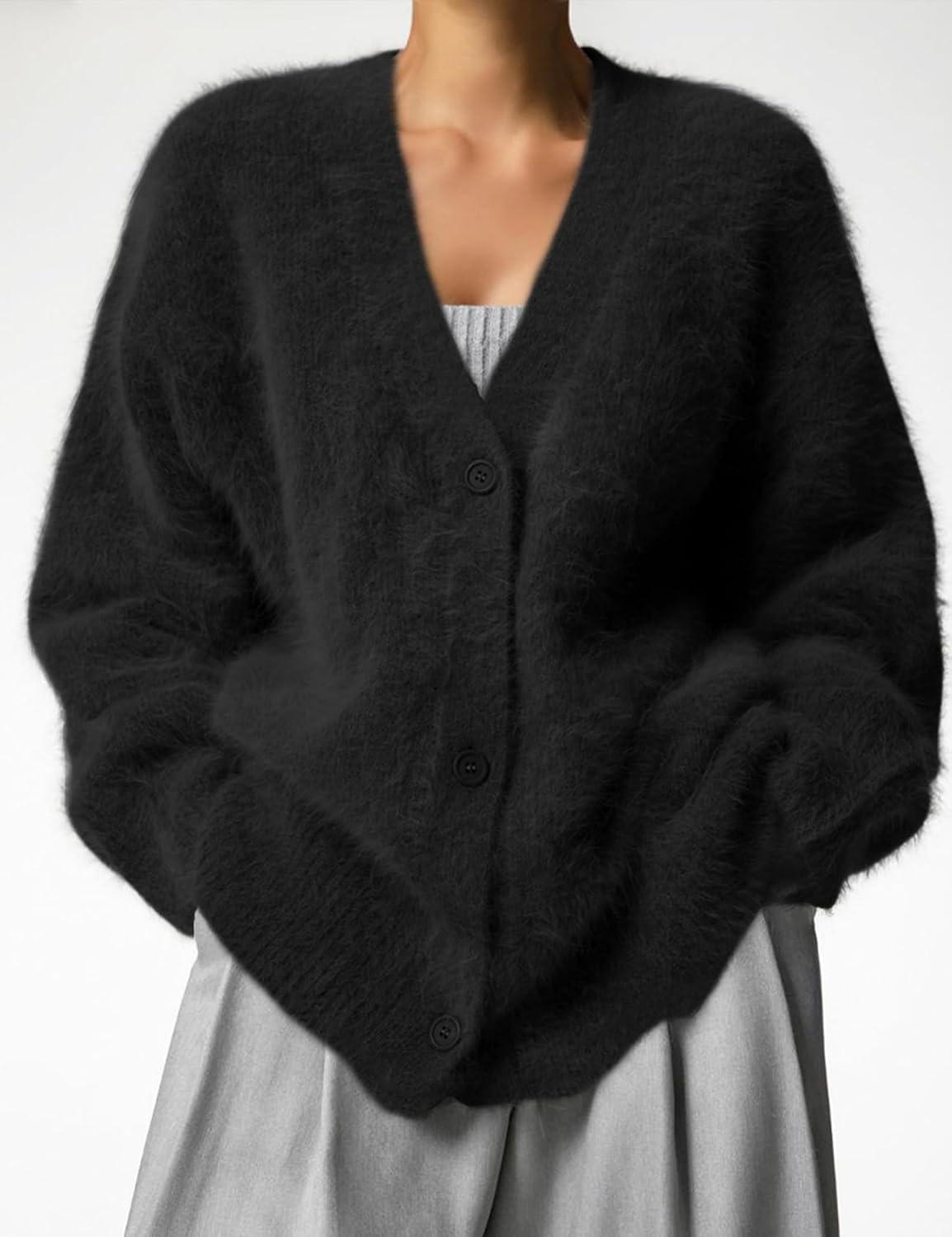 image:imageArssm Womens Fuzzy Cardigan Sweater V Neck Cardigans Button Down Fluffy Knit Top Fashion 2026 KnitwearBlack