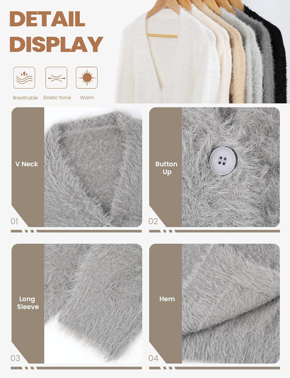 image:imageArssm Womens Fuzzy Cardigan Sweater V Neck Cardigans Button Down Fluffy Knit Top Fashion 2026 KnitwearGrey