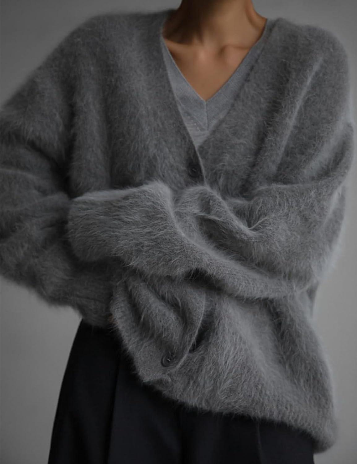 image:imageArssm Womens Fuzzy Cardigan Sweater V Neck Cardigans Button Down Fluffy Knit Top Fashion 2026 KnitwearGrey