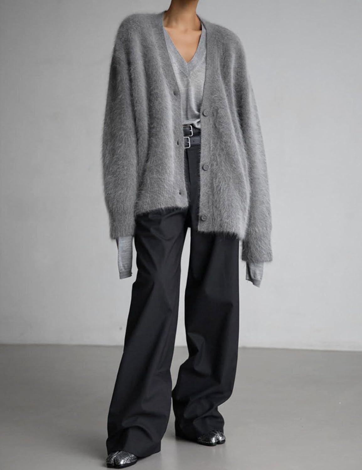 image:imageArssm Womens Fuzzy Cardigan Sweater V Neck Cardigans Button Down Fluffy Knit Top Fashion 2026 KnitwearGrey