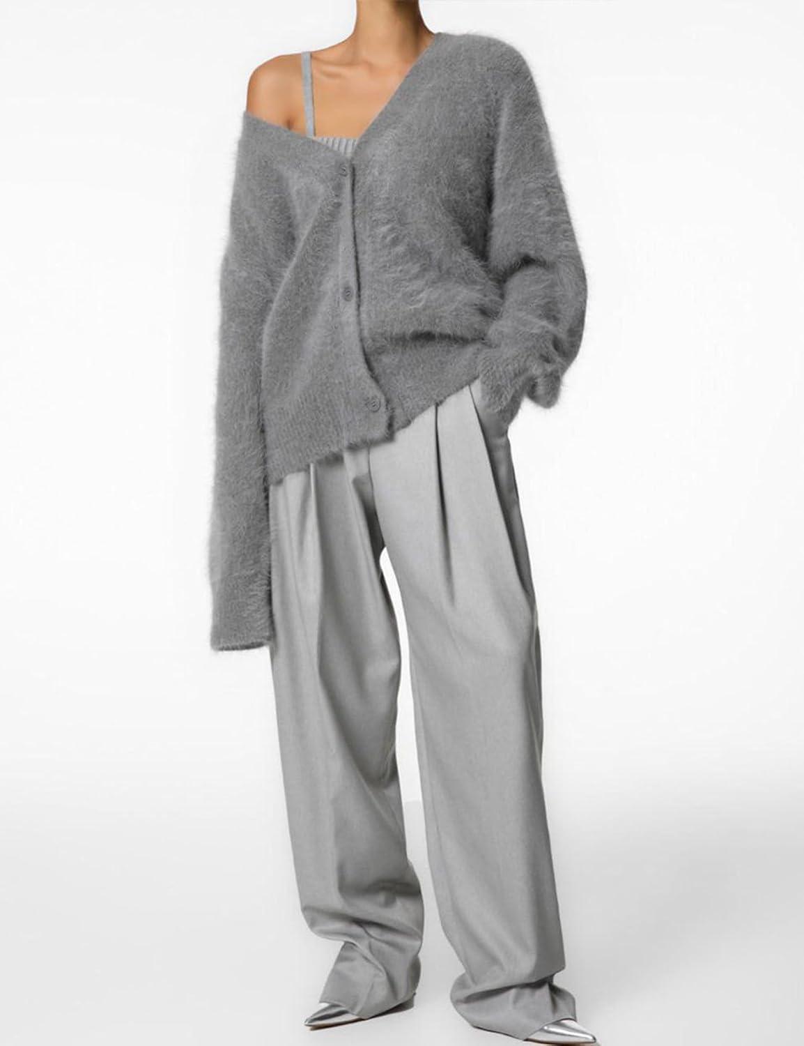 image:imageArssm Womens Fuzzy Cardigan Sweater V Neck Cardigans Button Down Fluffy Knit Top Fashion 2026 KnitwearGrey