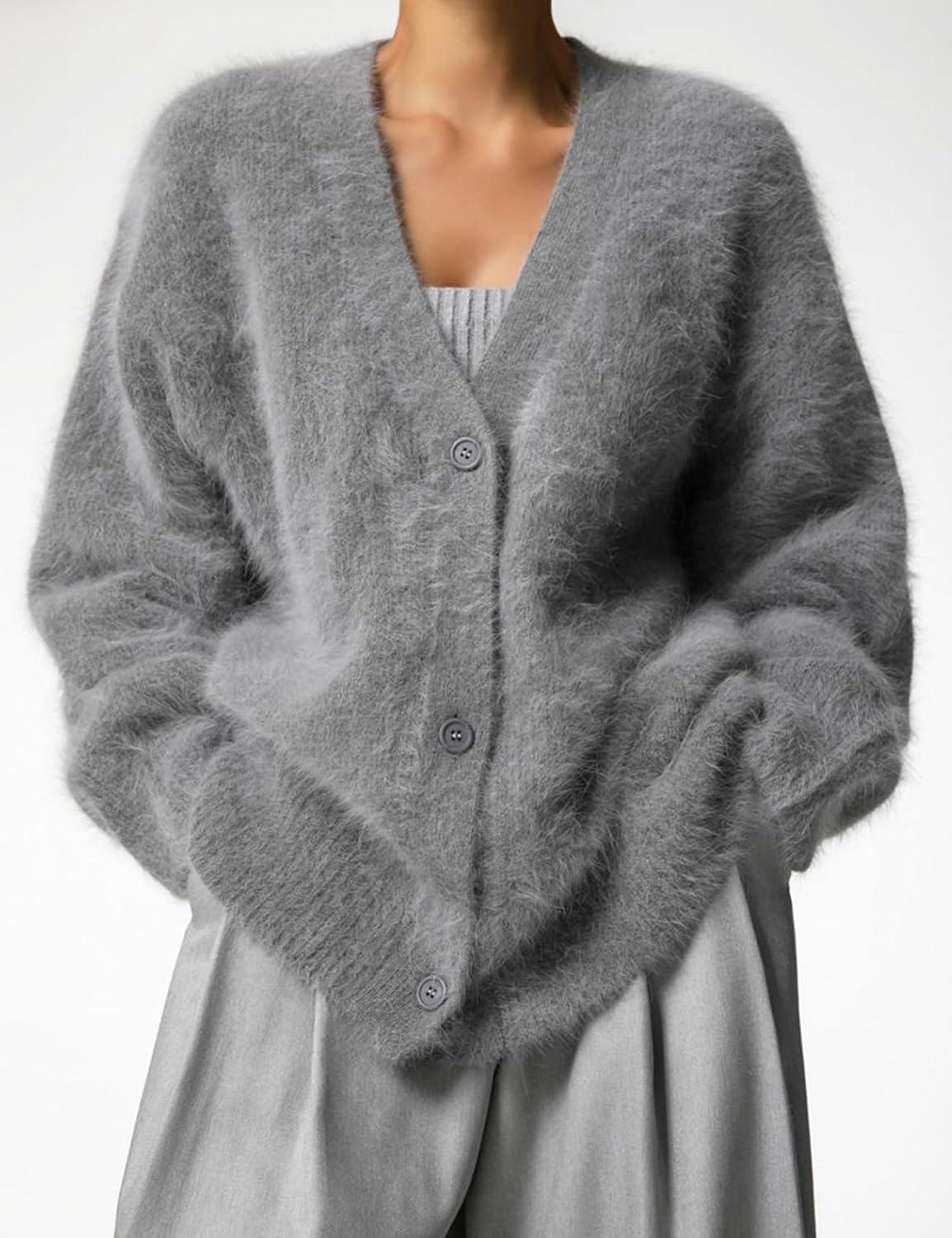image:imageArssm Womens Fuzzy Cardigan Sweater V Neck Cardigans Button Down Fluffy Knit Top Fashion 2026 KnitwearGrey