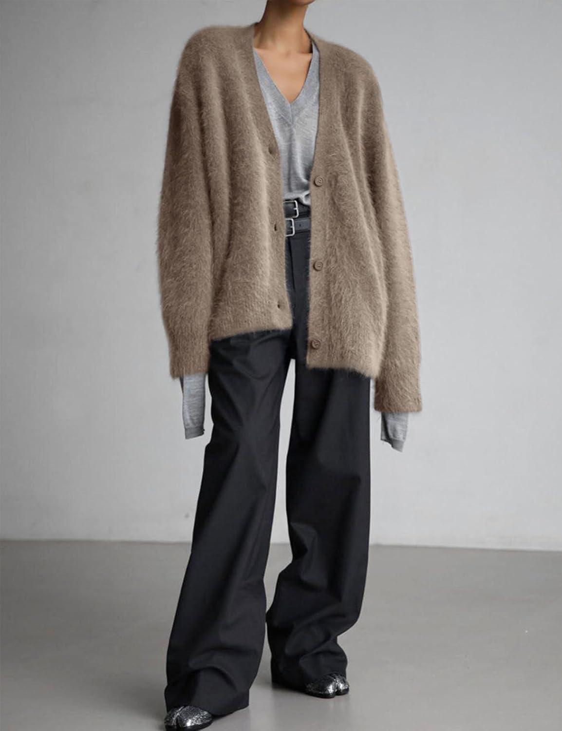 image:imageArssm Womens Fuzzy Cardigan Sweater V Neck Cardigans Button Down Fluffy Knit Top Fashion 2026 KnitwearKhaki