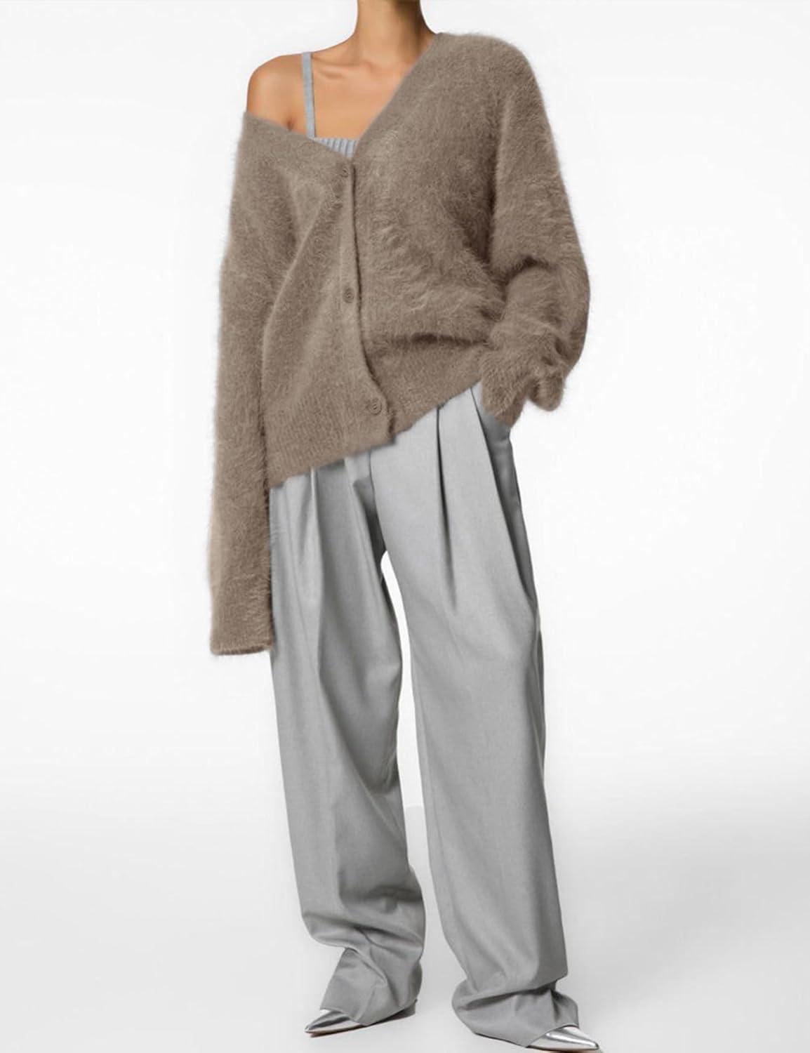 image:imageArssm Womens Fuzzy Cardigan Sweater V Neck Cardigans Button Down Fluffy Knit Top Fashion 2026 KnitwearKhaki