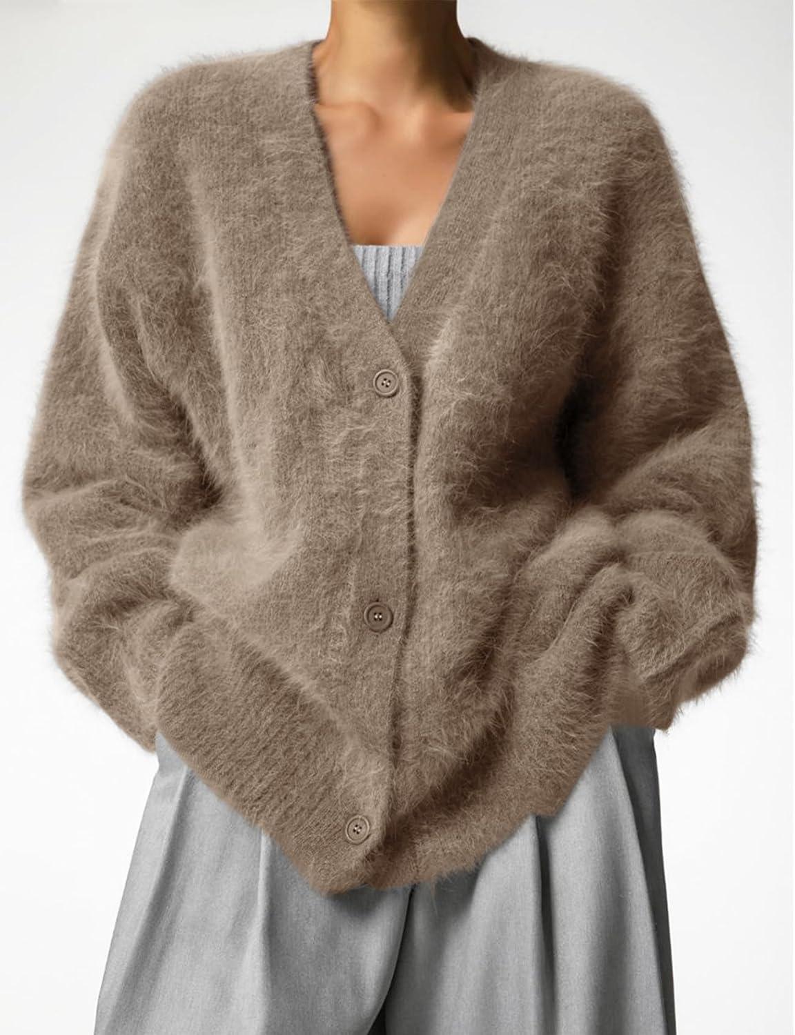 image:imageArssm Womens Fuzzy Cardigan Sweater V Neck Cardigans Button Down Fluffy Knit Top Fashion 2026 KnitwearKhaki