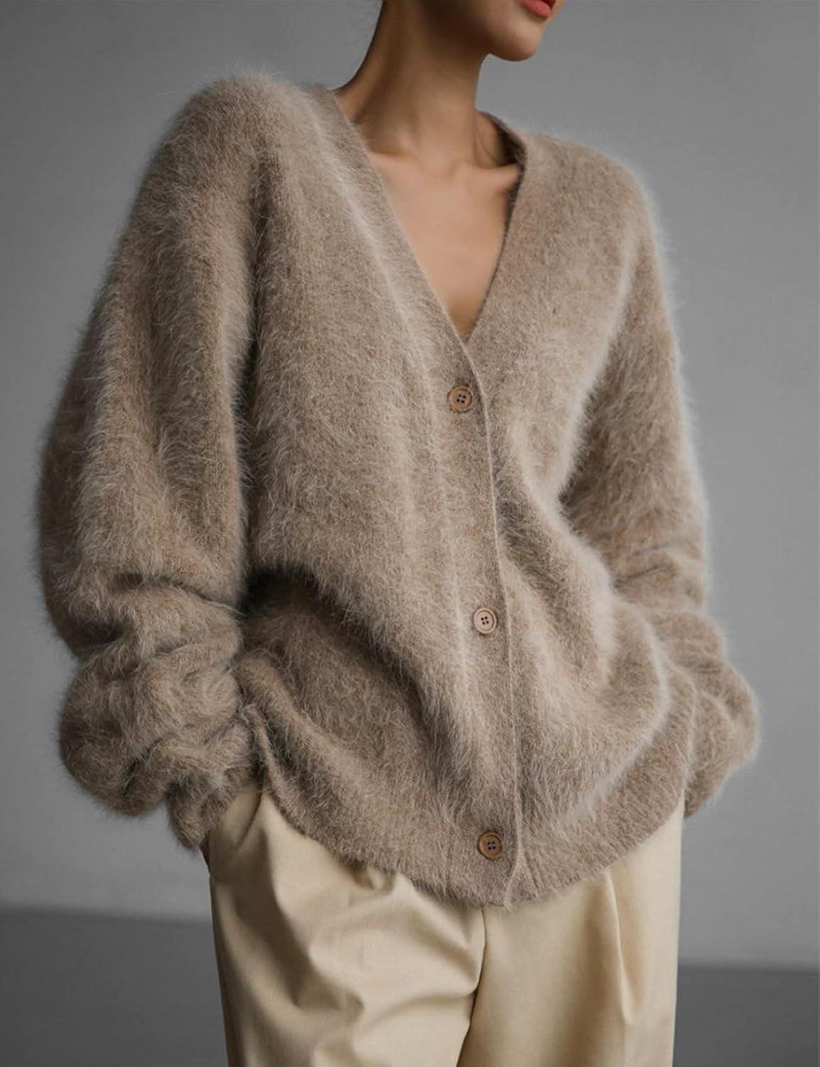 image:imageArssm Womens Fuzzy Cardigan Sweater V Neck Cardigans Button Down Fluffy Knit Top Fashion 2026 KnitwearKhaki