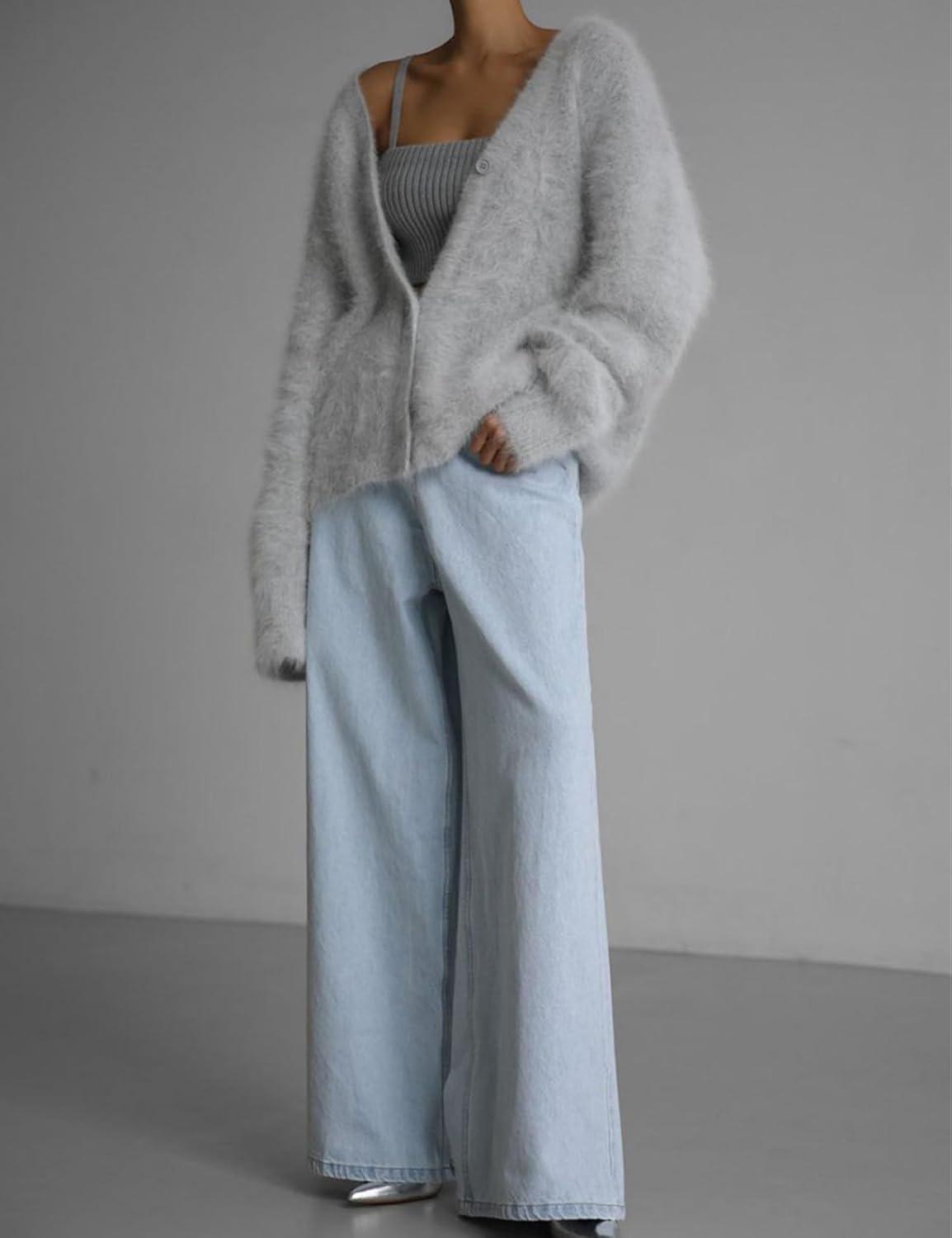 image:imageArssm Womens Fuzzy Cardigan Sweater V Neck Cardigans Button Down Fluffy Knit Top Fashion 2026 KnitwearLightgrey