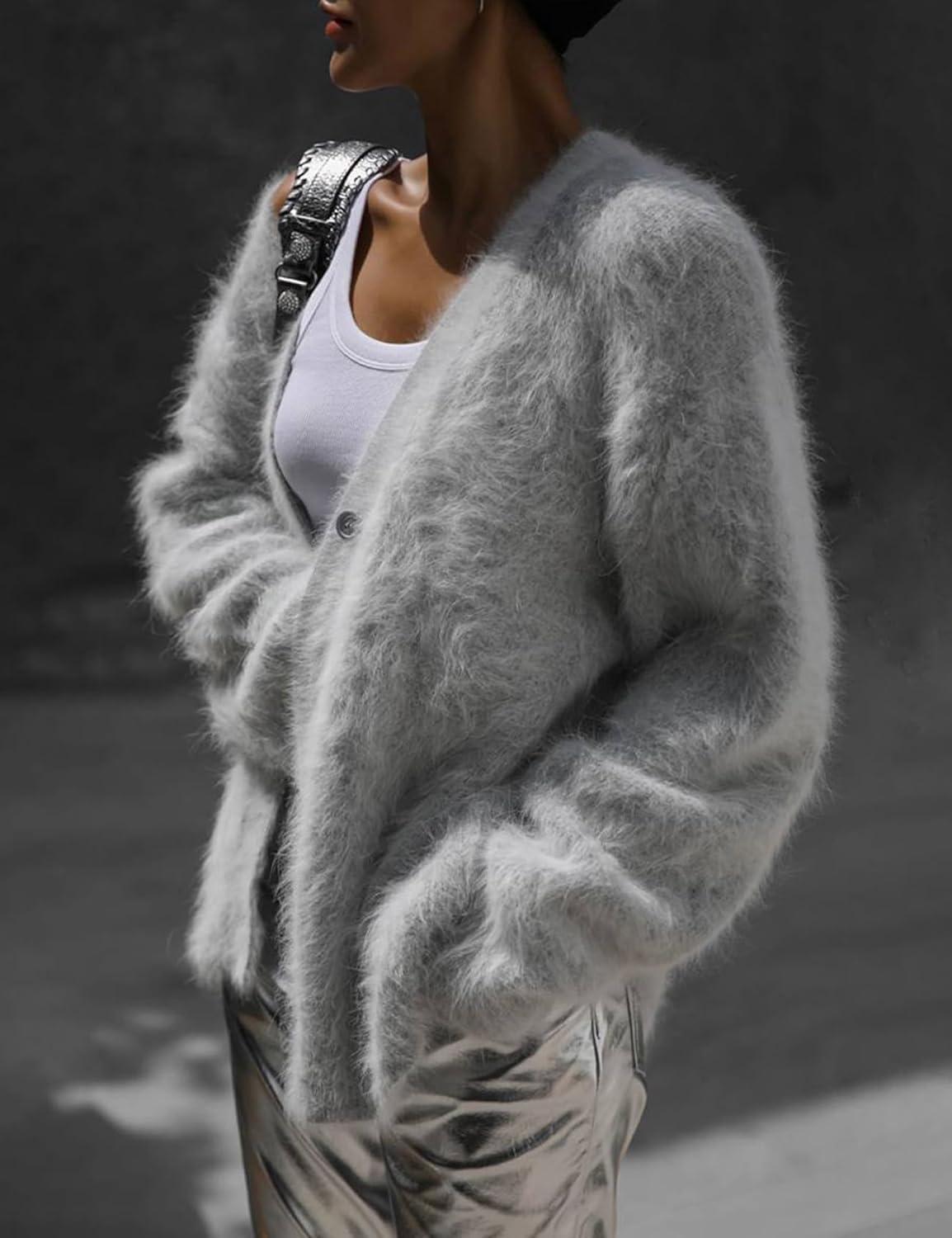 image:imageArssm Womens Fuzzy Cardigan Sweater V Neck Cardigans Button Down Fluffy Knit Top Fashion 2026 KnitwearLightgrey