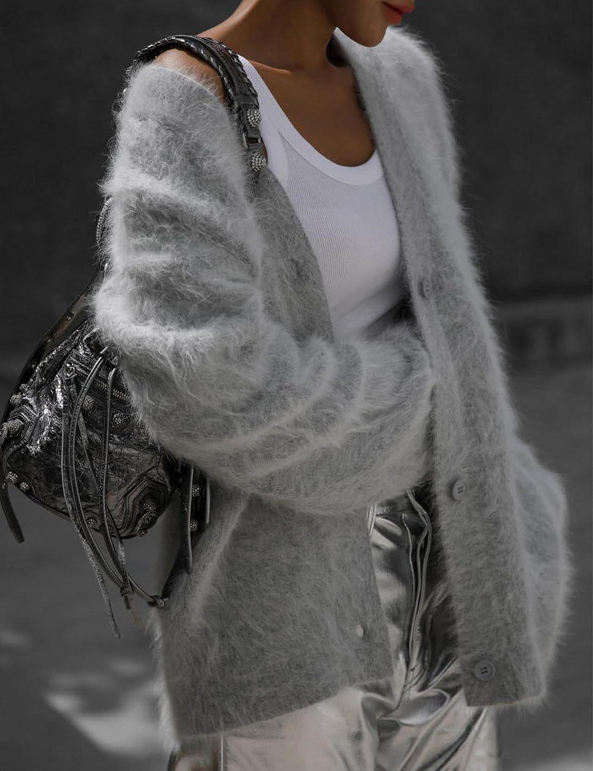 image:imageArssm Womens Fuzzy Cardigan Sweater V Neck Cardigans Button Down Fluffy Knit Top Fashion 2026 KnitwearLightgrey