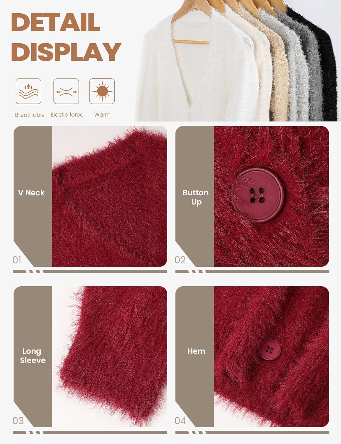 image:imageArssm Womens Fuzzy Cardigan Sweater V Neck Cardigans Button Down Fluffy Knit Top Fashion 2026 KnitwearRed