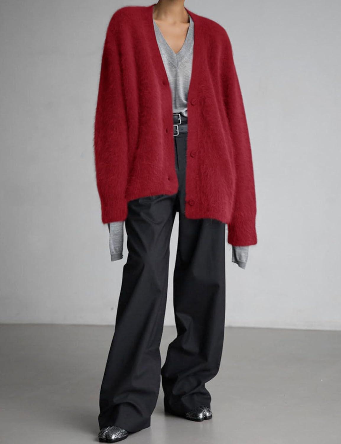 image:imageArssm Womens Fuzzy Cardigan Sweater V Neck Cardigans Button Down Fluffy Knit Top Fashion 2026 KnitwearRed