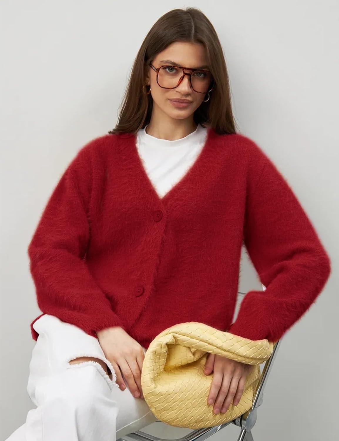 image:imageArssm Womens Fuzzy Cardigan Sweater V Neck Cardigans Button Down Fluffy Knit Top Fashion 2026 KnitwearRed