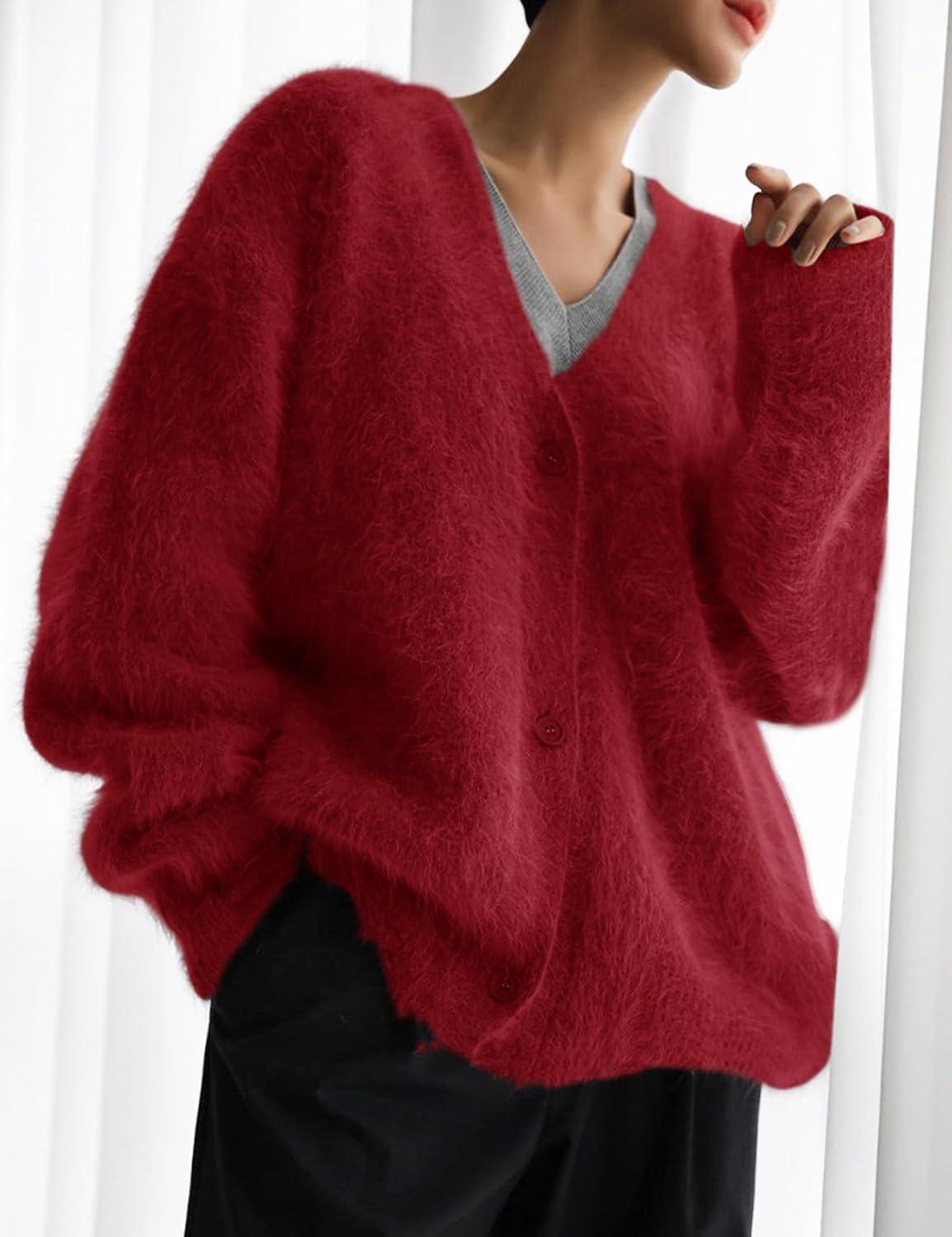image:imageArssm Womens Fuzzy Cardigan Sweater V Neck Cardigans Button Down Fluffy Knit Top Fashion 2026 KnitwearRed