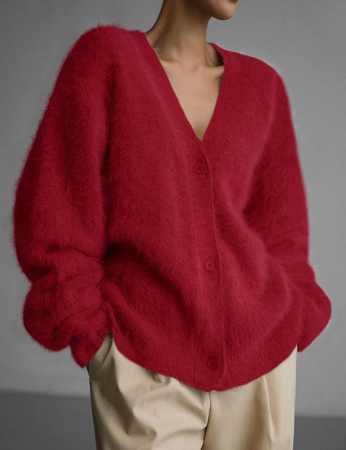 image:imageArssm Womens Fuzzy Cardigan Sweater V Neck Cardigans Button Down Fluffy Knit Top Fashion 2026 KnitwearRed