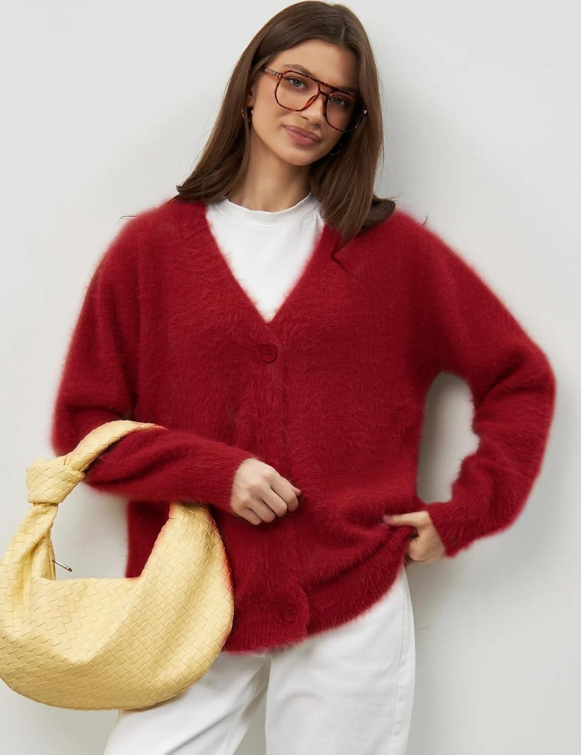 image:imageArssm Womens Fuzzy Cardigan Sweater V Neck Cardigans Button Down Fluffy Knit Top Fashion 2026 KnitwearRed