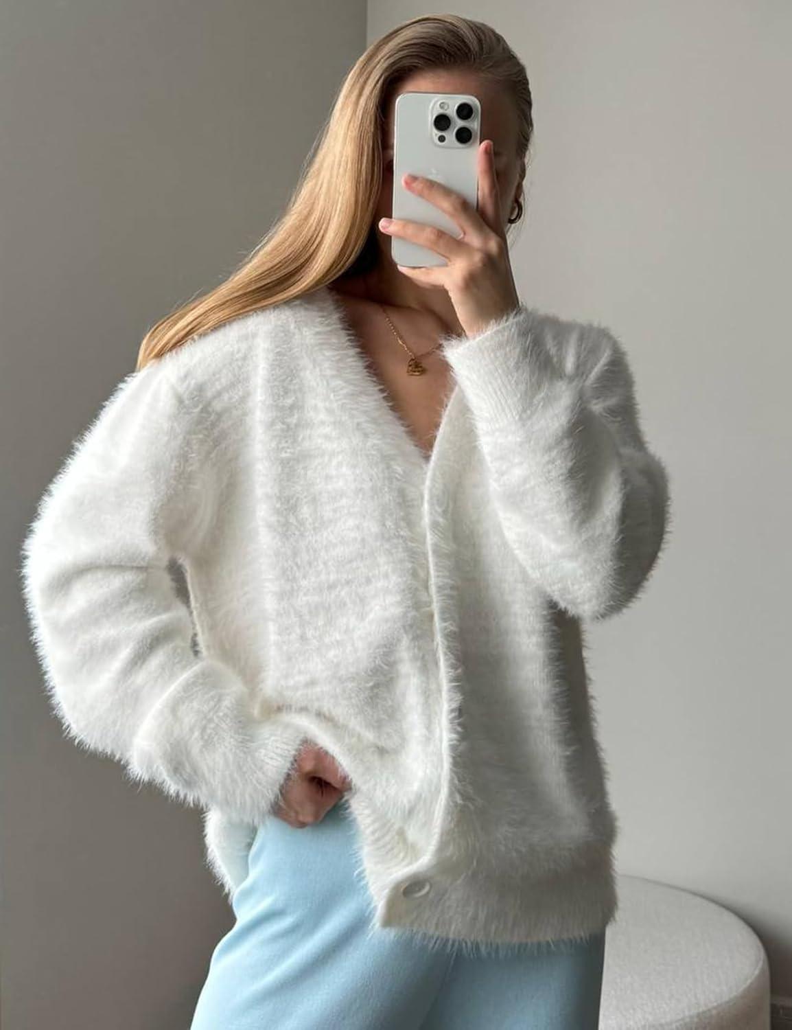 image:imageArssm Womens Fuzzy Cardigan Sweater V Neck Cardigans Button Down Fluffy Knit Top Fashion 2026 KnitwearWhite