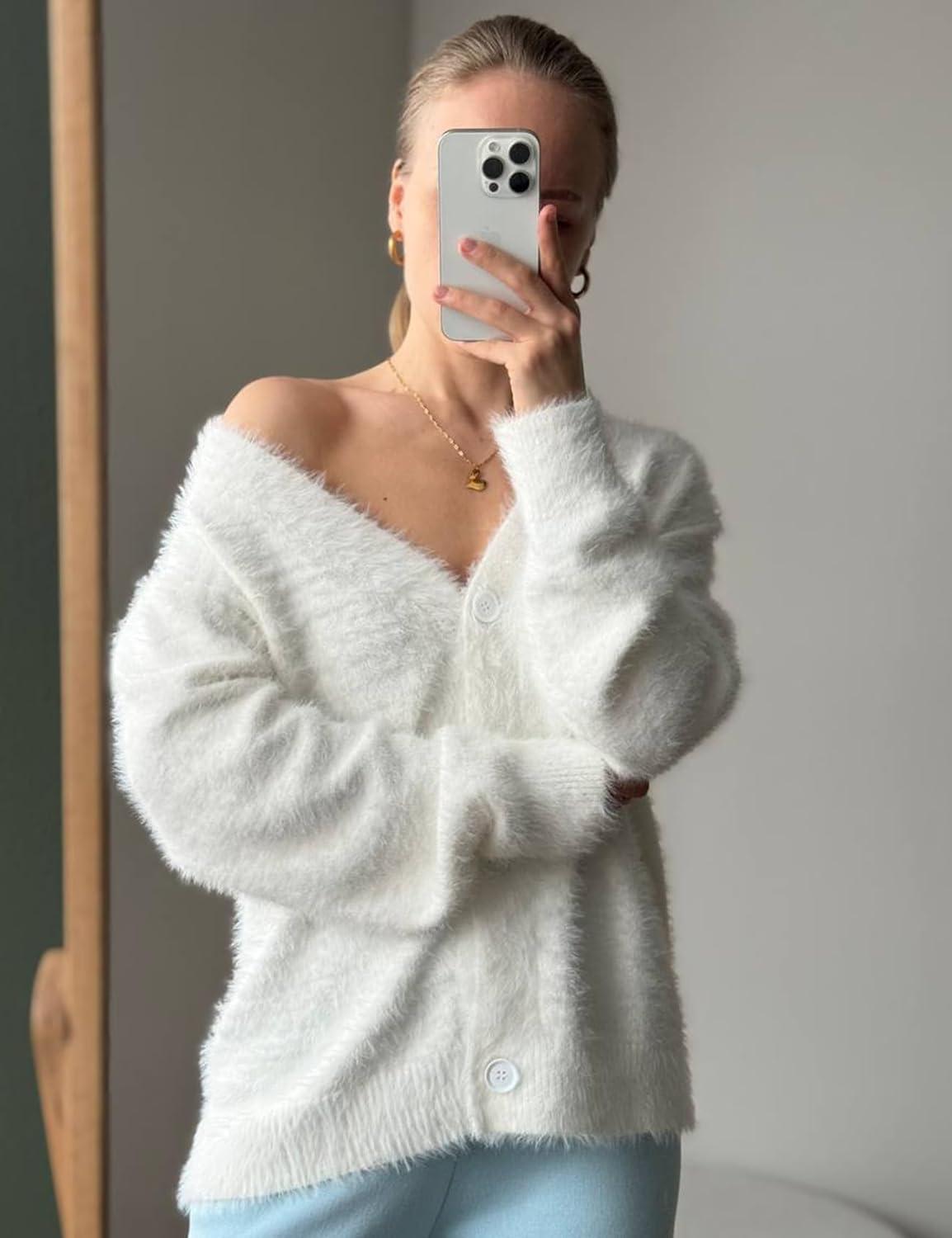 image:imageArssm Womens Fuzzy Cardigan Sweater V Neck Cardigans Button Down Fluffy Knit Top Fashion 2026 KnitwearWhite