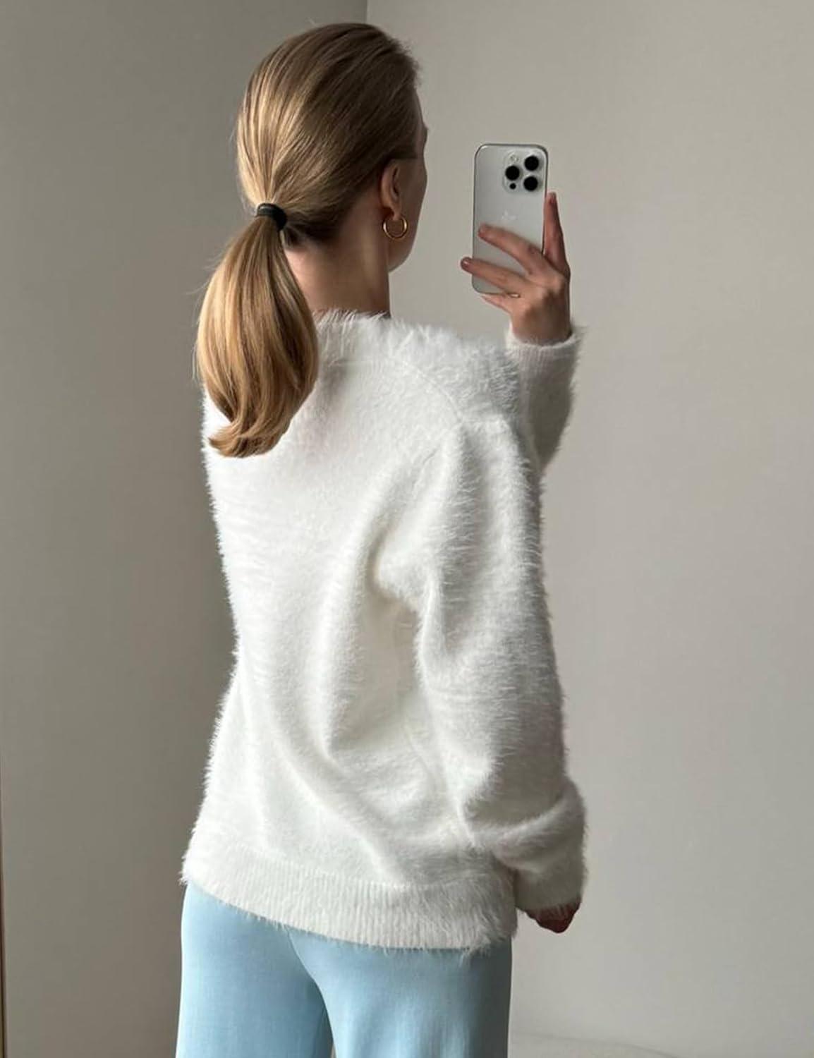 image:imageArssm Womens Fuzzy Cardigan Sweater V Neck Cardigans Button Down Fluffy Knit Top Fashion 2026 KnitwearWhite