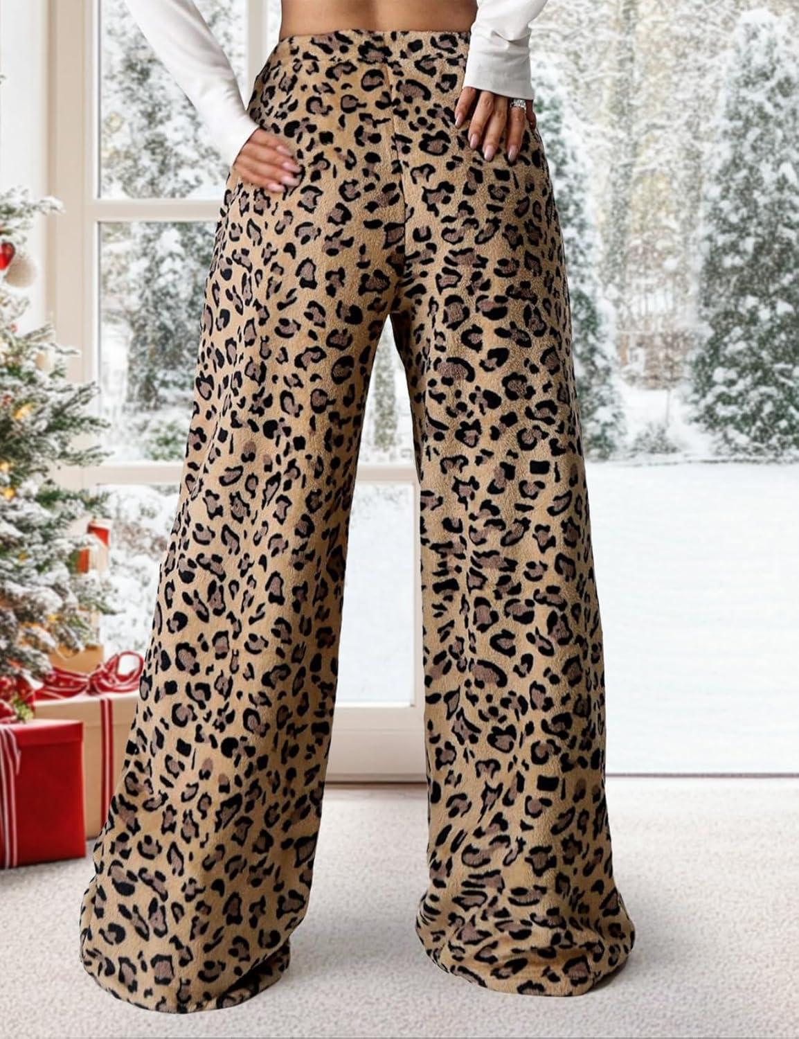 image:imageArssm Womens Fuzzy Pajama Pants Plush Elastic Waist Wide Leg Leopard Pants Pajama Bottoms Fluffy PantsBrown