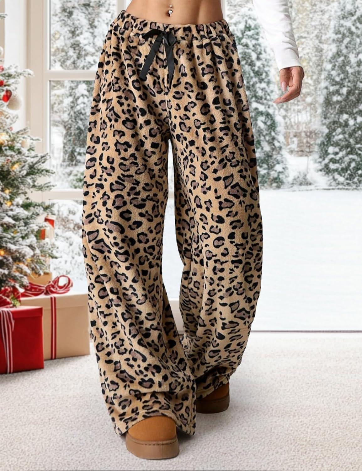 image:imageArssm Womens Fuzzy Pajama Pants Plush Elastic Waist Wide Leg Leopard Pants Pajama Bottoms Fluffy PantsBrown