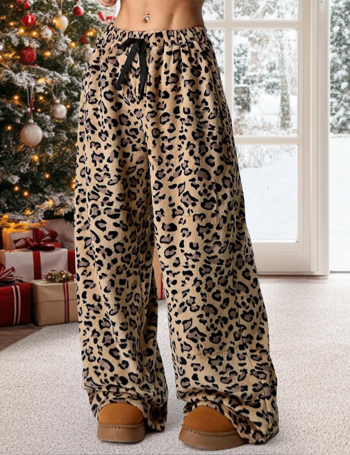 image:imageArssm Womens Fuzzy Pajama Pants Plush Elastic Waist Wide Leg Leopard Pants Pajama Bottoms Fluffy PantsBrown