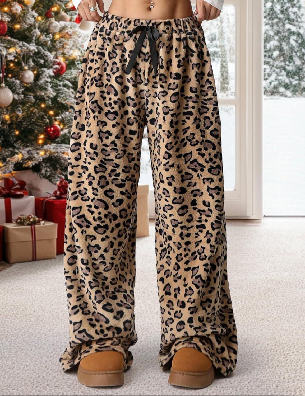 image:imageArssm Womens Fuzzy Pajama Pants Plush Elastic Waist Wide Leg Leopard Pants Pajama Bottoms Fluffy PantsBrown