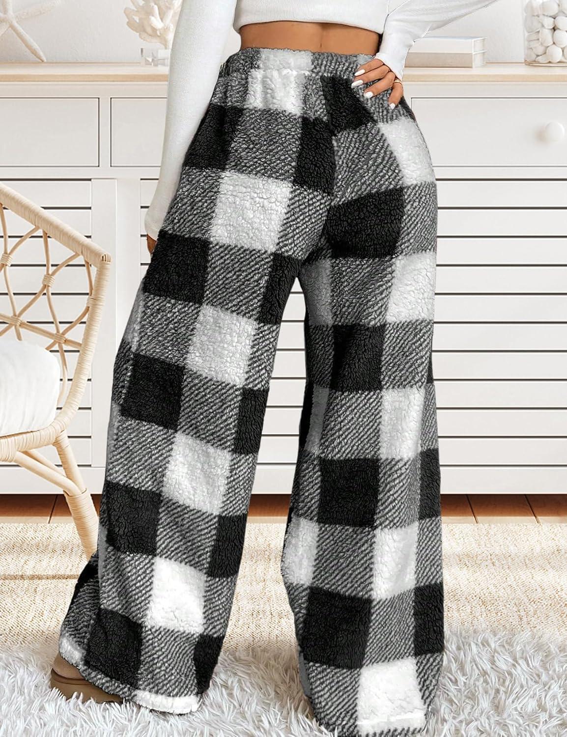 image:imageArssm Womens Fuzzy Pajama Pants Plush Elastic Waist Wide Leg Leopard Pants Pajama Bottoms Fluffy PantsPlaid