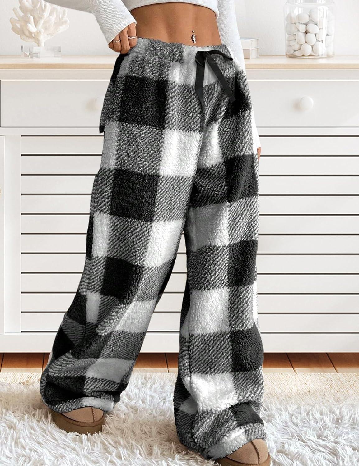 image:imageArssm Womens Fuzzy Pajama Pants Plush Elastic Waist Wide Leg Leopard Pants Pajama Bottoms Fluffy PantsPlaid