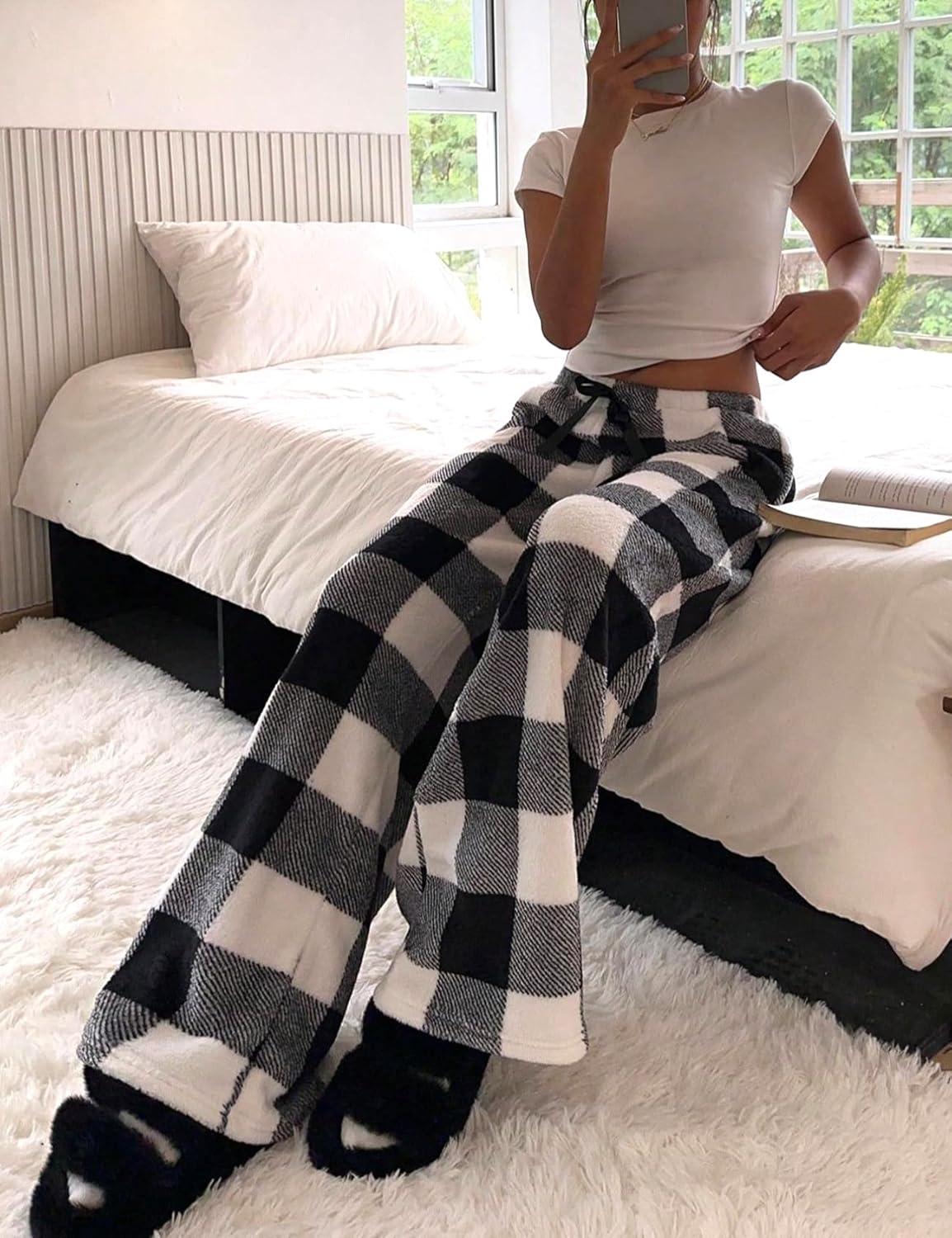 image:imageArssm Womens Fuzzy Pajama Pants Plush Elastic Waist Wide Leg Leopard Pants Pajama Bottoms Fluffy PantsPlaid