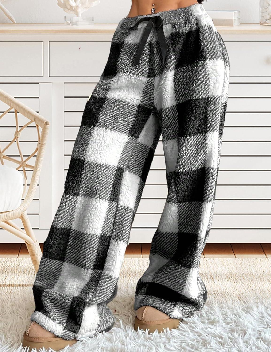 image:imageArssm Womens Fuzzy Pajama Pants Plush Elastic Waist Wide Leg Leopard Pants Pajama Bottoms Fluffy PantsPlaid