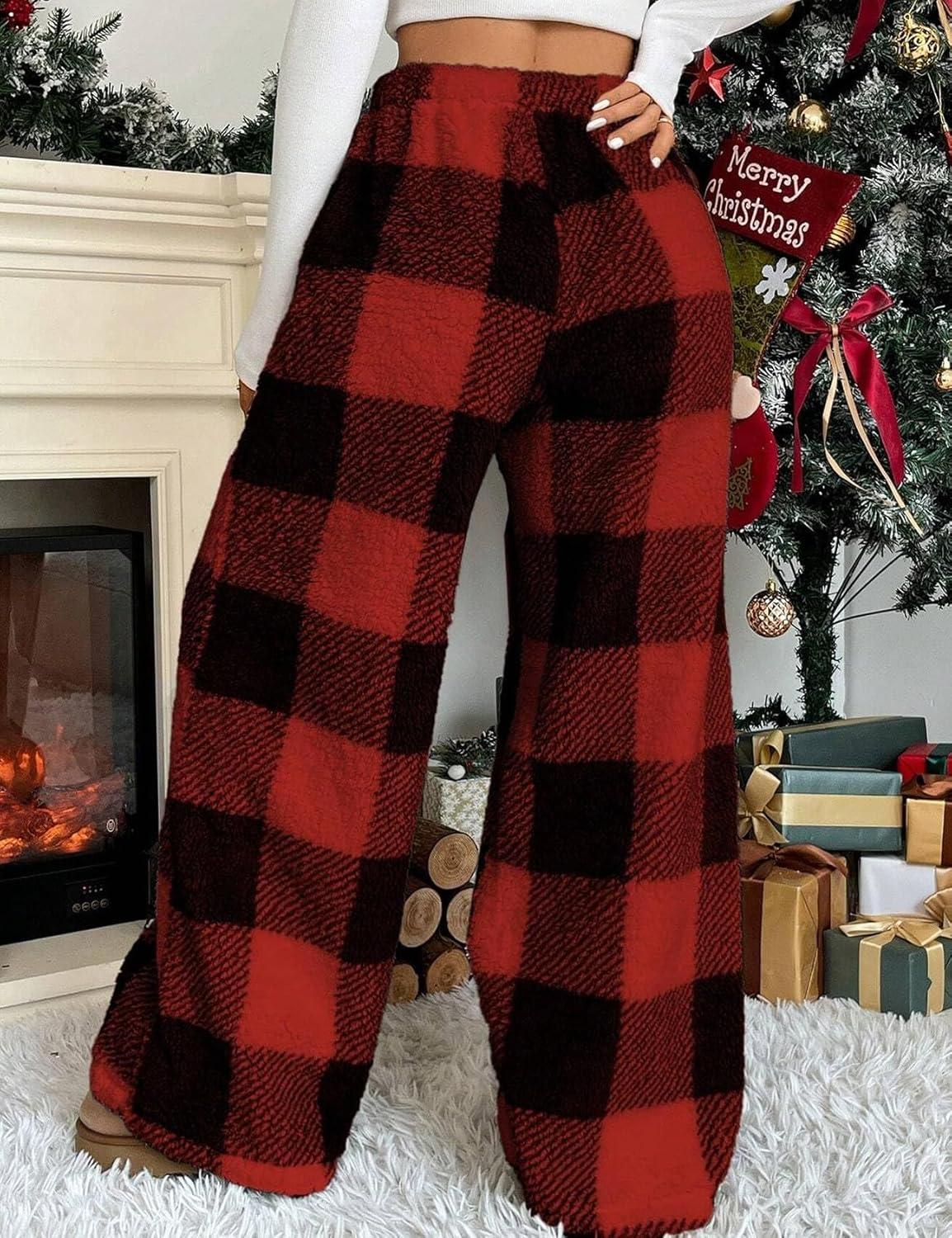 image:imageArssm Womens Fuzzy Pajama Pants Plush Elastic Waist Wide Leg Leopard Pants Pajama Bottoms Fluffy PantsRed Plaid