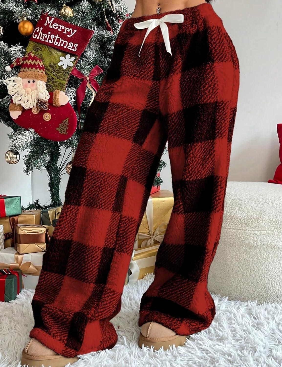 image:imageArssm Womens Fuzzy Pajama Pants Plush Elastic Waist Wide Leg Leopard Pants Pajama Bottoms Fluffy PantsRed Plaid