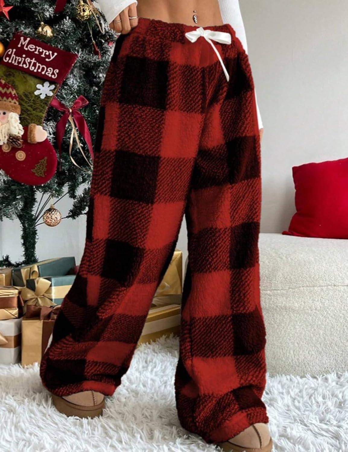 image:imageArssm Womens Fuzzy Pajama Pants Plush Elastic Waist Wide Leg Leopard Pants Pajama Bottoms Fluffy PantsRed Plaid