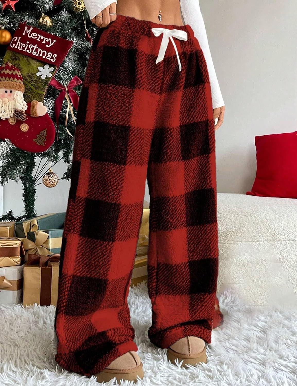 image:imageArssm Womens Fuzzy Pajama Pants Plush Elastic Waist Wide Leg Leopard Pants Pajama Bottoms Fluffy PantsRed Plaid