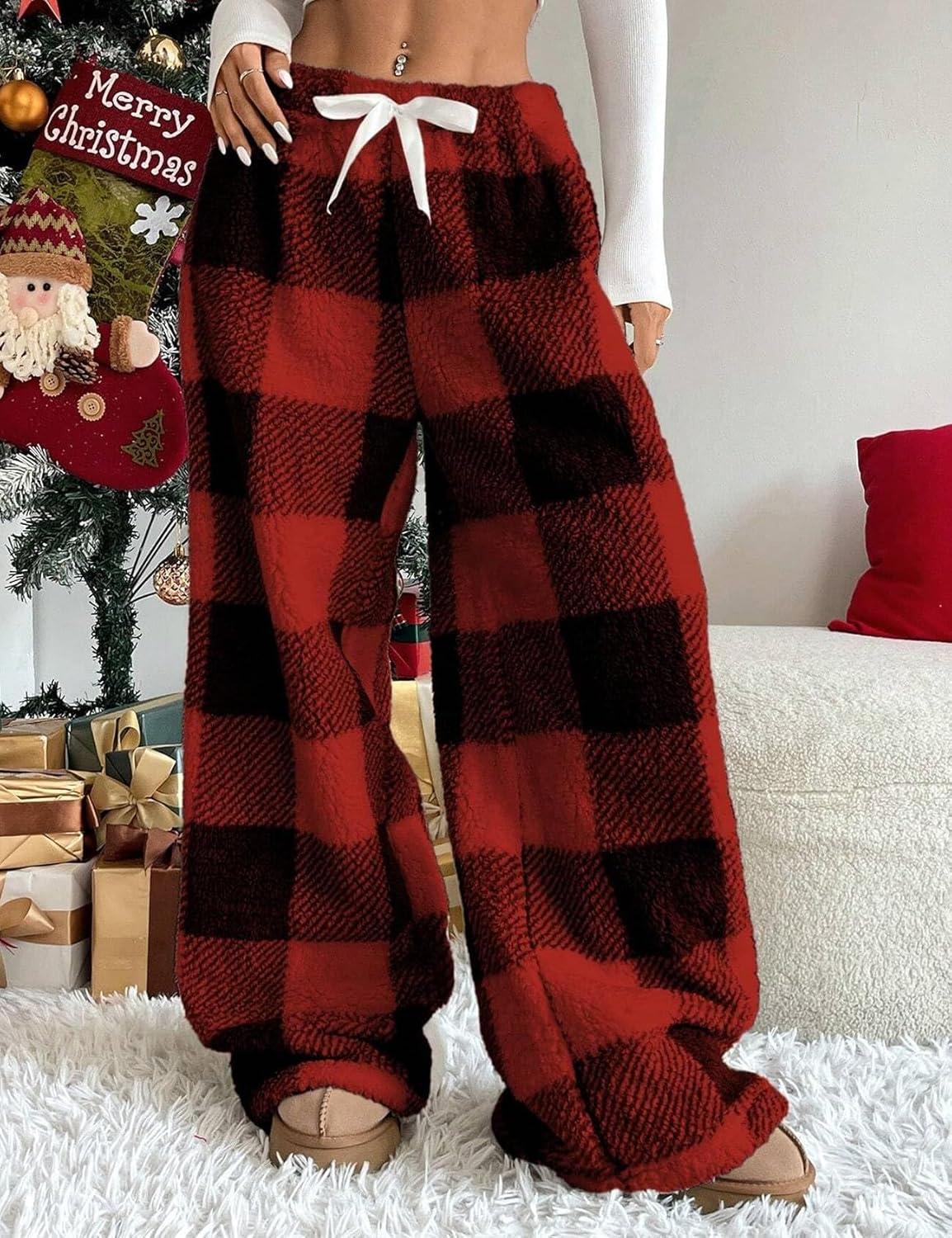 image:imageArssm Womens Fuzzy Pajama Pants Plush Elastic Waist Wide Leg Leopard Pants Pajama Bottoms Fluffy PantsRed Plaid