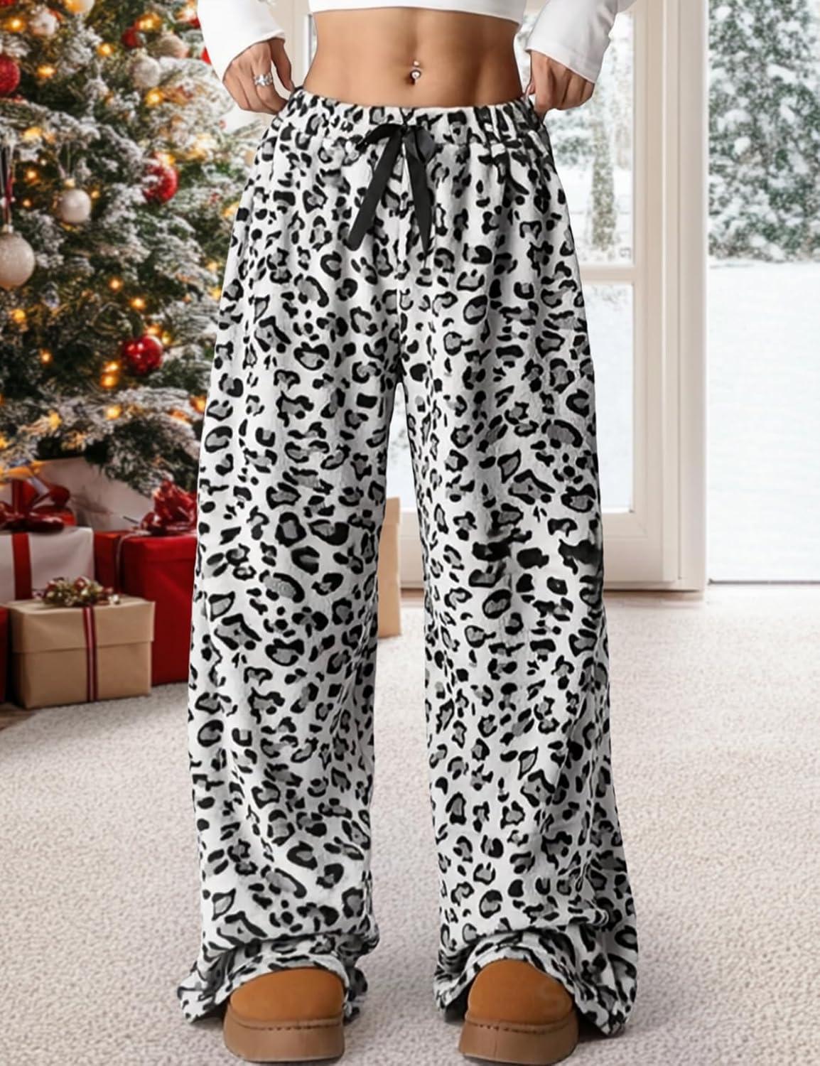 image:imageArssm Womens Fuzzy Pajama Pants Plush Elastic Waist Wide Leg Leopard Pants Pajama Bottoms Fluffy PantsWhite