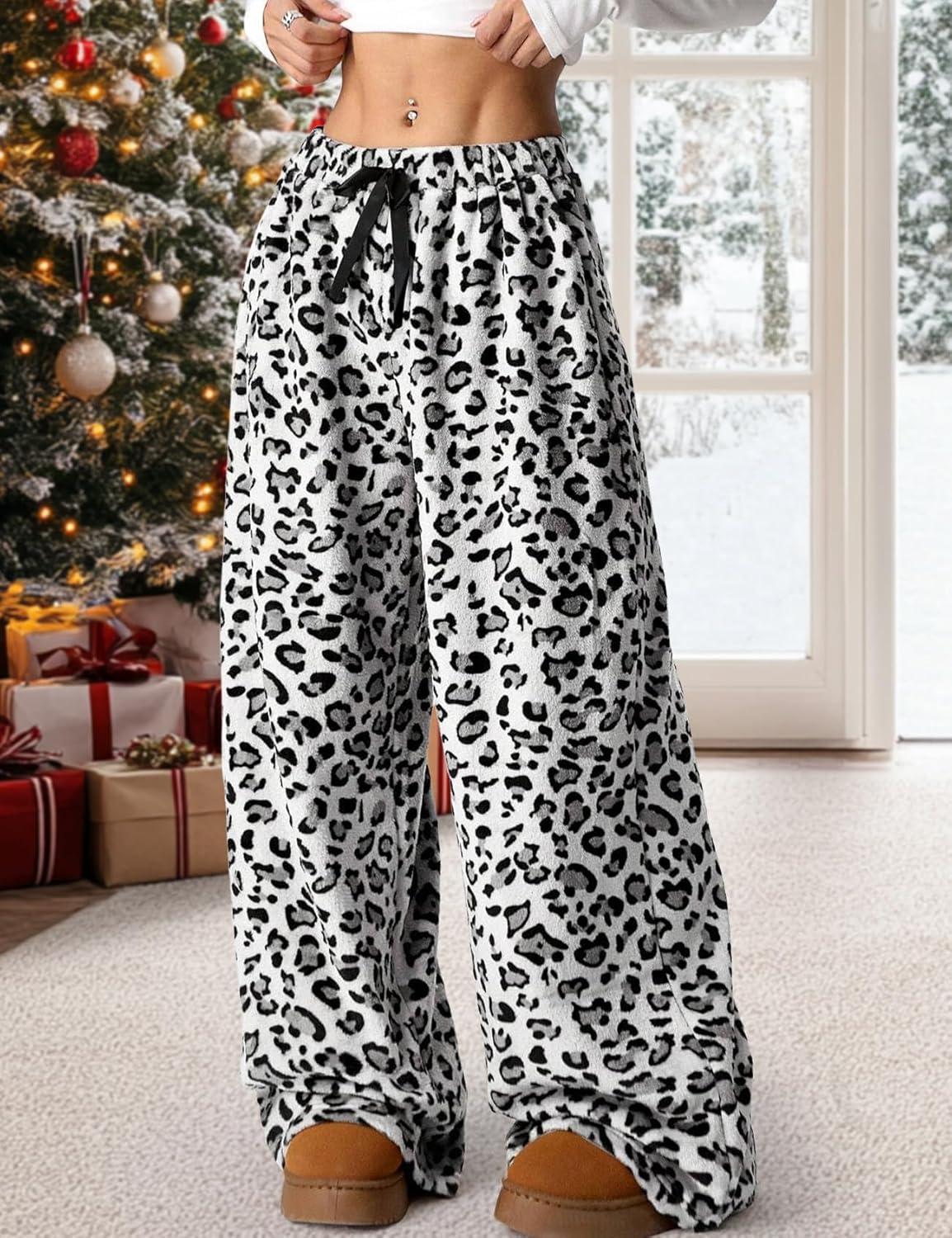 image:imageArssm Womens Fuzzy Pajama Pants Plush Elastic Waist Wide Leg Leopard Pants Pajama Bottoms Fluffy PantsWhite