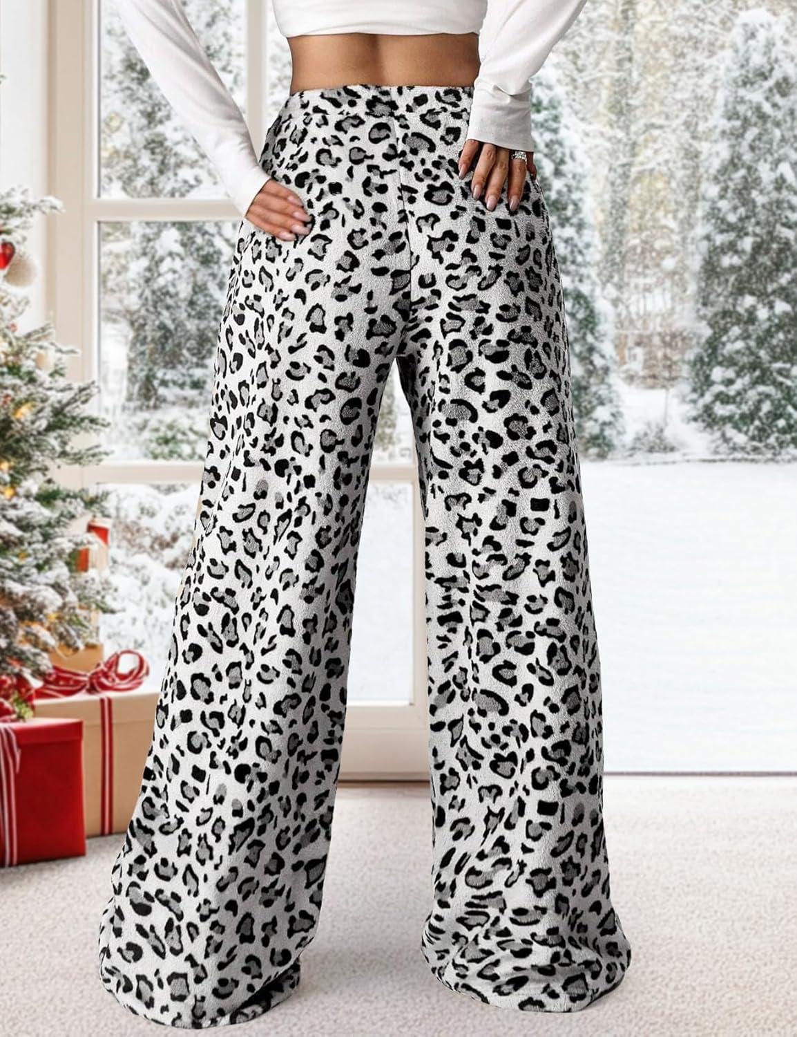 image:imageArssm Womens Fuzzy Pajama Pants Plush Elastic Waist Wide Leg Leopard Pants Pajama Bottoms Fluffy PantsWhite