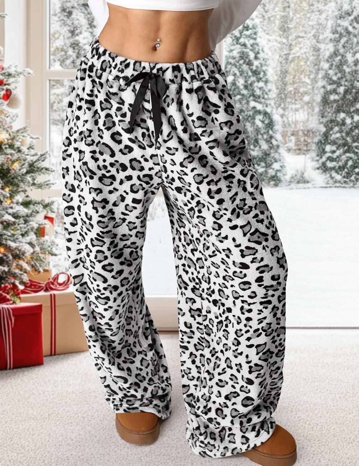 image:imageArssm Womens Fuzzy Pajama Pants Plush Elastic Waist Wide Leg Leopard Pants Pajama Bottoms Fluffy PantsWhite