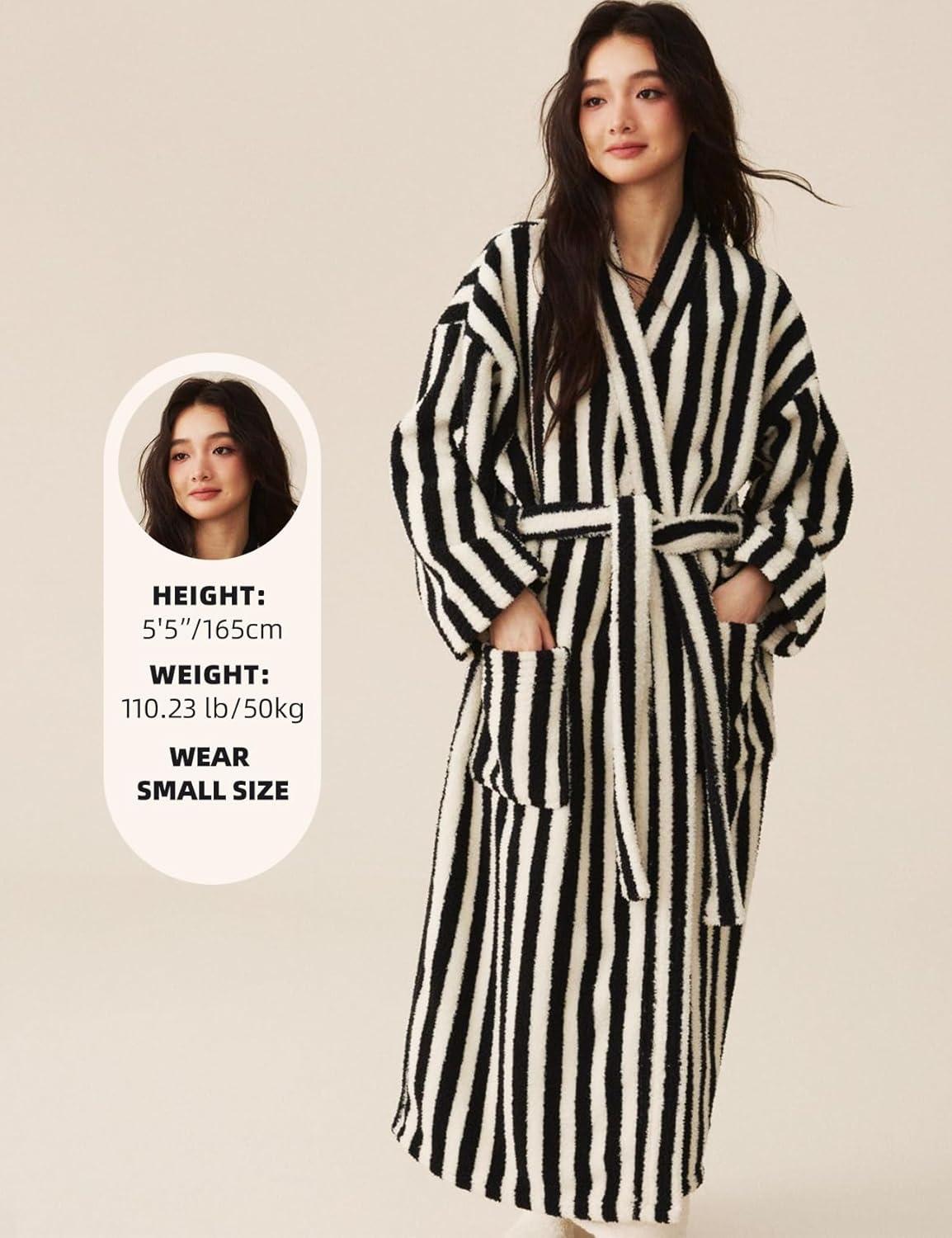 image:imageArssm Womens Striped Fluffy Robe Long Plush Bathrobes Fuzzy Warm Cozy Thick Loungewear Maxi RobeBlack