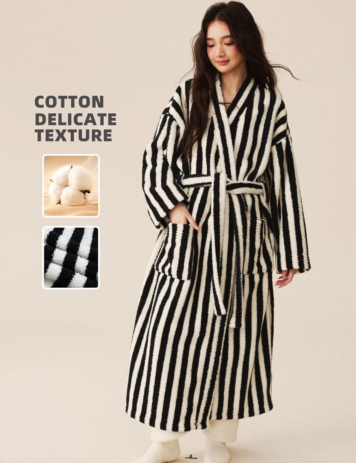 image:imageArssm Womens Striped Fluffy Robe Long Plush Bathrobes Fuzzy Warm Cozy Thick Loungewear Maxi RobeBlack