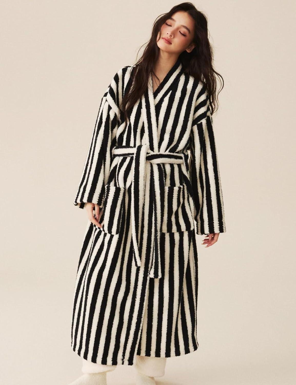 image:imageArssm Womens Striped Fluffy Robe Long Plush Bathrobes Fuzzy Warm Cozy Thick Loungewear Maxi RobeBlack